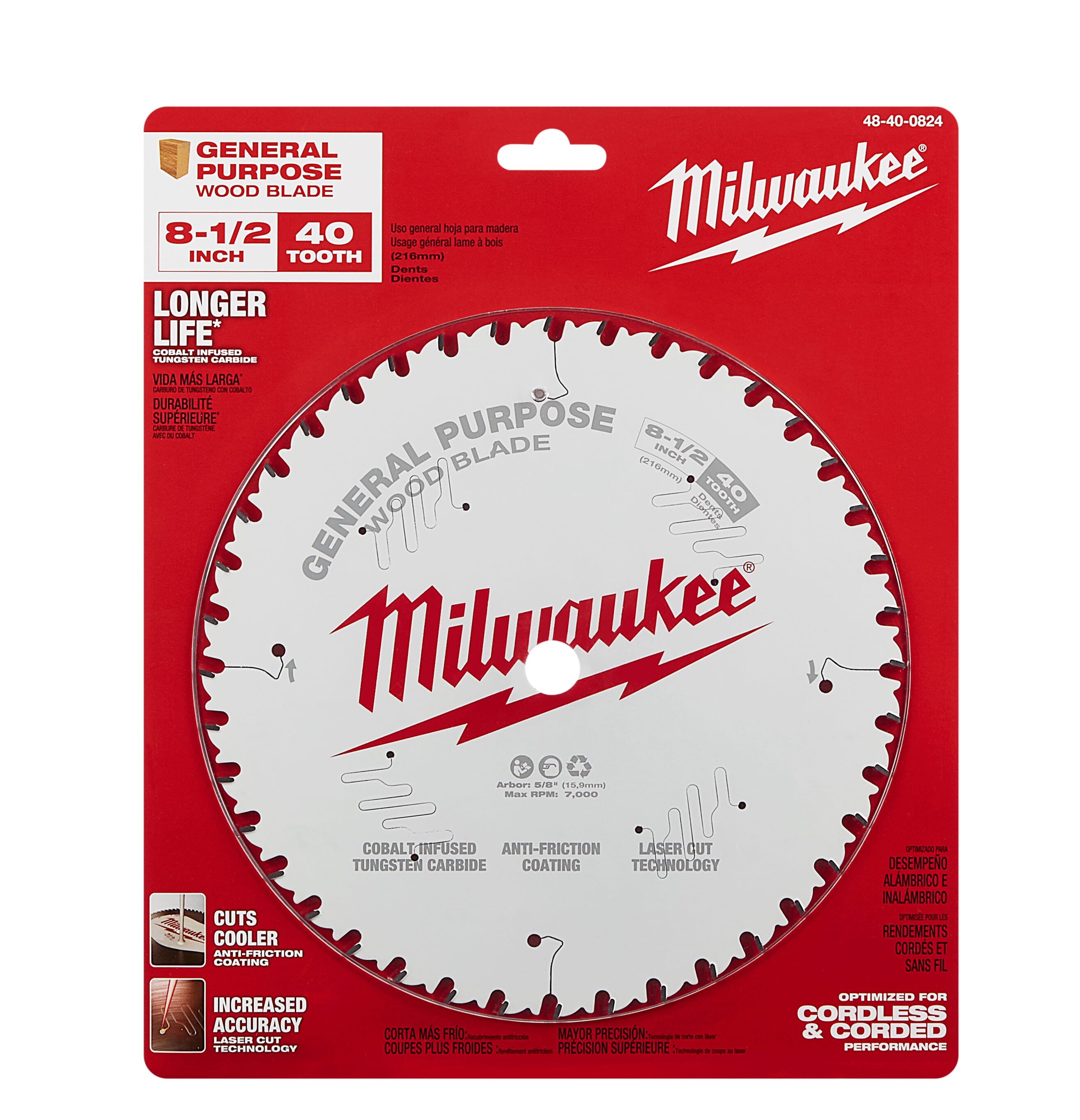 Milwaukee® 48-40-0824 General Purpose Thin Kerf Circular Saw Blade, 8-1/2 in Dia x 1.05 in THK, 5/8 in Arbor, Carbide Blade, 40 Teeth